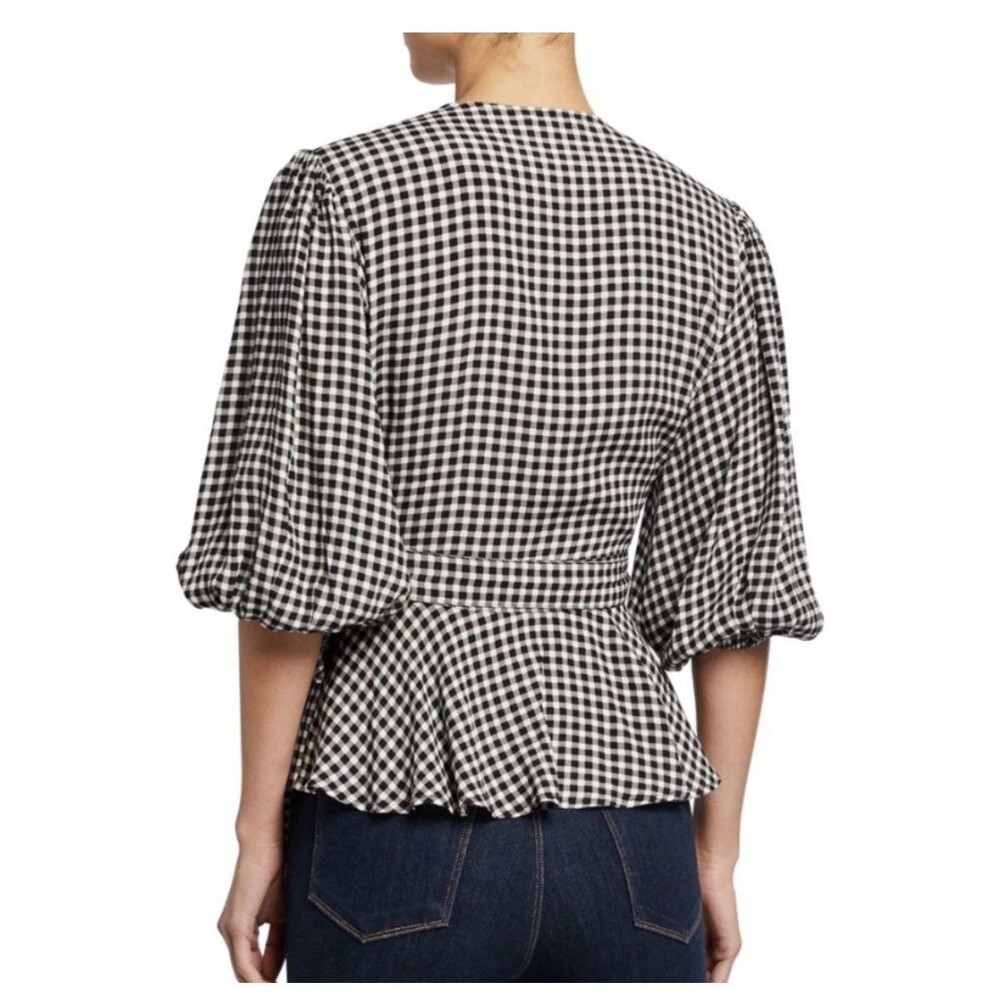 Ganni Gingham Wrap Top Balloon Sleeve Black White Blouse Women’s Size EU 38/US 6 - Picture 2 of 9